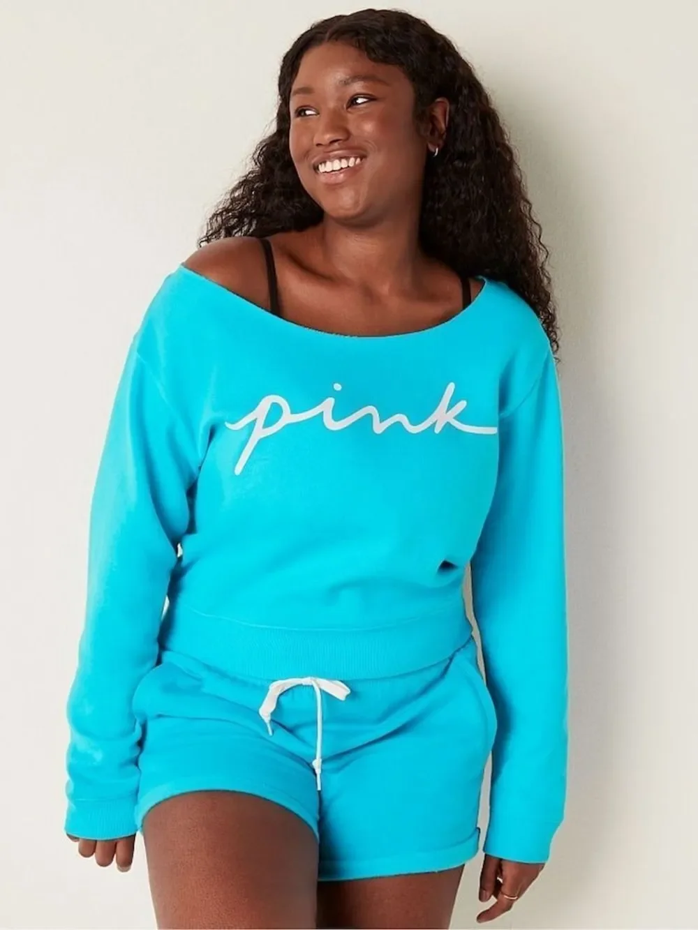 PINK VS Neon Scuba Script Logo Everyday Lounge Off The Shoulder Sweatshirt Large